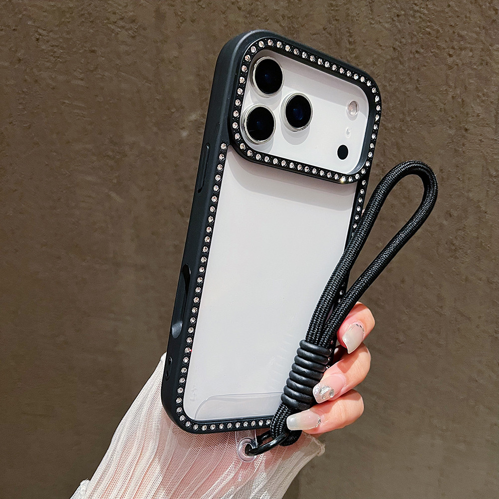 หรูหราพร้อมเชือกเส้นเล็กเพชรโปร่งใส Jewelledเคสโทรศัพท์สําหรับiPhone 11 12 13 14 15 16 17 Pro Max Plus Air Glitterกันชนกลับกรณีปก