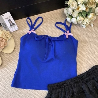 #479 เสื้อกล้ามสายคู่ ฟองน้ำในตัวสีพื้น โบว์น่ารัก ผูกโบว์ด้านหน้า ลุดเกาหลี สดใส สาววัยใส สุดฮิตราคาถูก