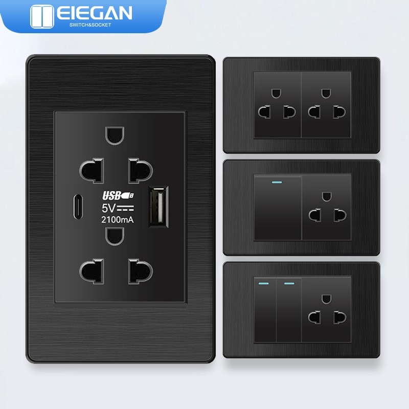 ELEGAN PC-A90 ซ็อกเก็ตสวิตช์ติดผนัง วัสดุ PC สีดำ