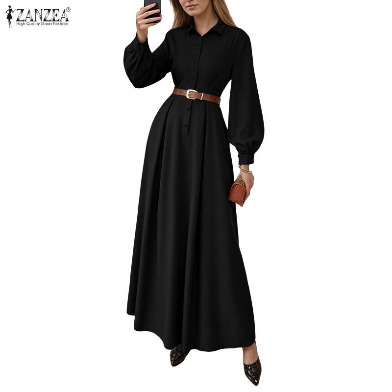 ZANZEA ชุดวินเทจเกาหลีแขนยาวสำหรับผู้หญิง มีปุ่มด้านหน้าและขอบเสื้อที่สวยงาม