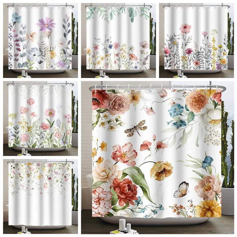 Floral Shower Curtain for Bathroom Vintage Flower Butterfly Waterproof Fabric Boho Bathtub Bathroom 