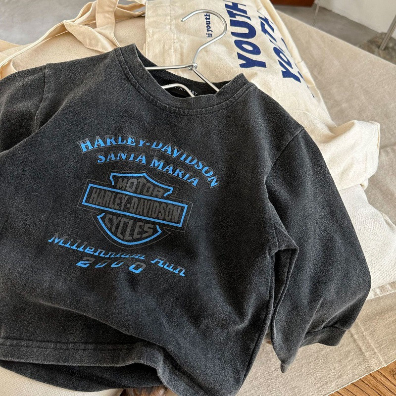 ฤดูใบไม้ผลิฤดูใบไม้ร่วงรอบคอแขนยาวเด็กแขนยาวเสื้อยืดสไตล์เกาหลีย้อนยุคล้างด้านบนจดหมายพิมพ์ผ้าฝ้ายแท้ชายเสื้อสวมหัว ขวด