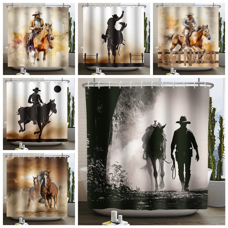 Western Cowboy Shower Curtain Country Cowboy Riding Horse Wild West Farmhouse Bathroom Curtain Minim