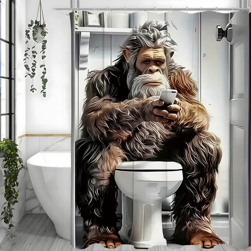 Funny Orangutan Toilet Reading Shower Curtain, Bathroom Decorative Shower Curtain, Waterproof Shower