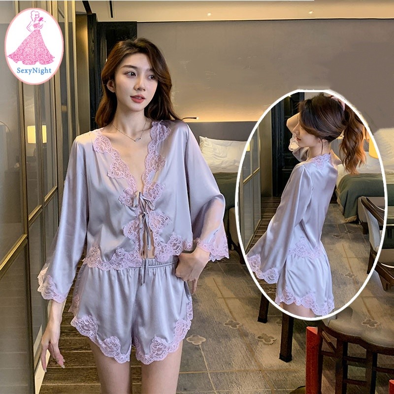 💫SexyNight💫เซ็กซี่ ภาษาฝรั่งเศส แขนยาว ชุดนอน 2 ชิ้น ลูกไม้ การตกแต่ง คอวี อ่อนโยนและอ่อนหวาน