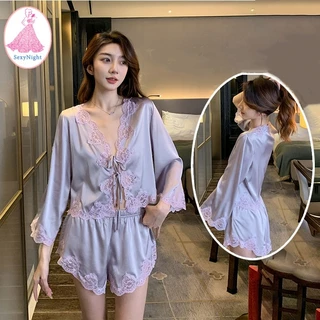 💫SexyNight💫เซ็กซี่ ภาษาฝรั่งเศส แขนยาว ชุดนอน 2 ชิ้น ลูกไม้ การตกแต่ง คอวี อ่อนโยนและอ่อนหวาน