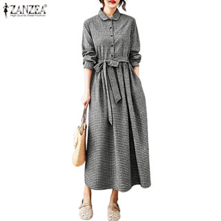 ZANZEA ชุดเดรสลายสก๊อตแขนยาวสำหรับผู้หญิง สไตล์เกาหลี