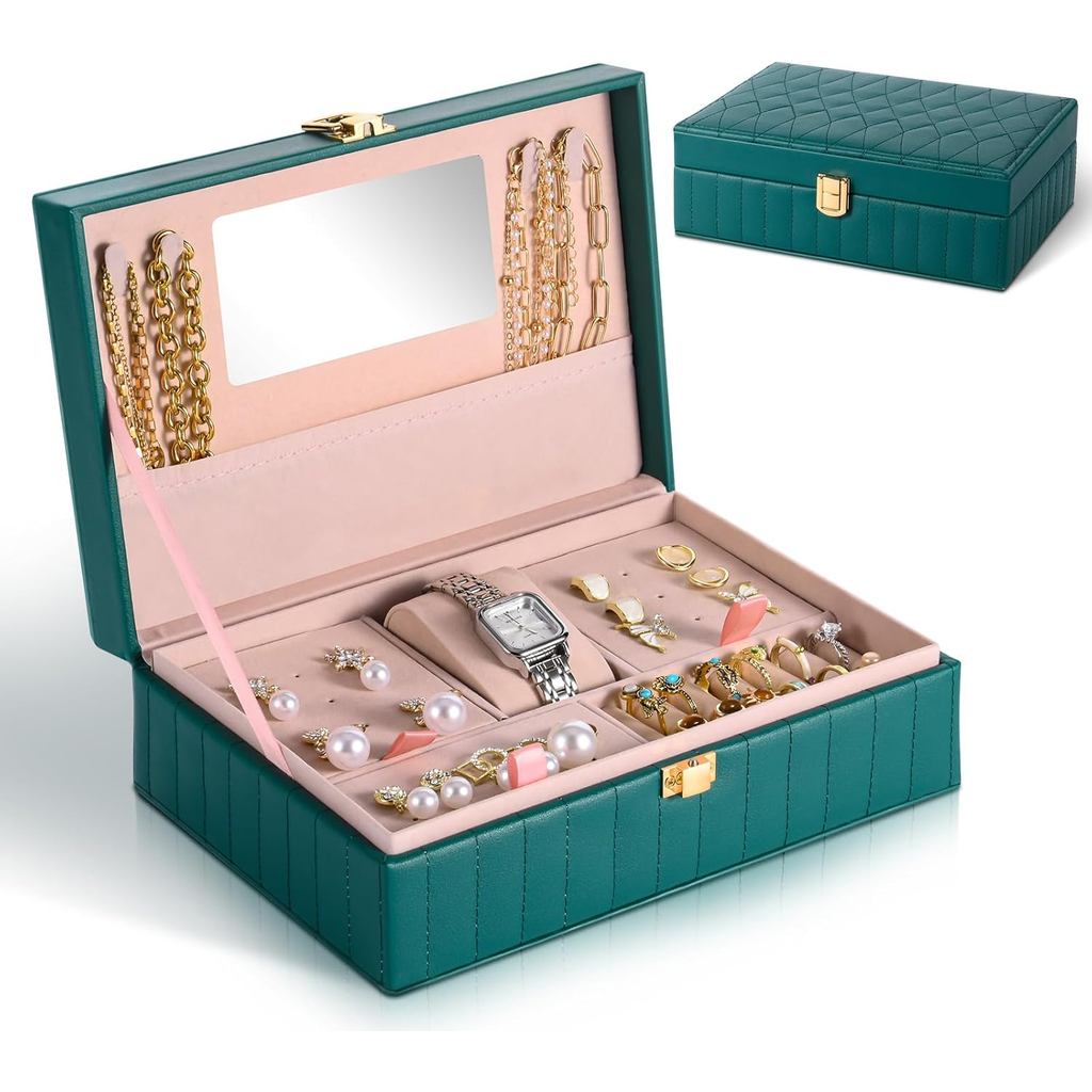 หนัง ปู่ เดินทางกรณีเครื่องประดับสิ่งทอลายทแยงเครื่องประดับออแกไนเซอร์กล่องที่มีกระจก8.86 x 5.9 x 2.