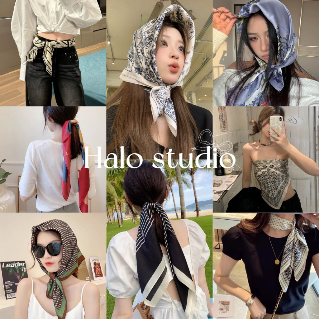 Halo studio พร้อมส่ง 【70×70 ซม】ผ้าพันคอชีฟอน ผ้าสี่เหลี่ยมแฟชั่น ใช้งานได้หลายสไตล์