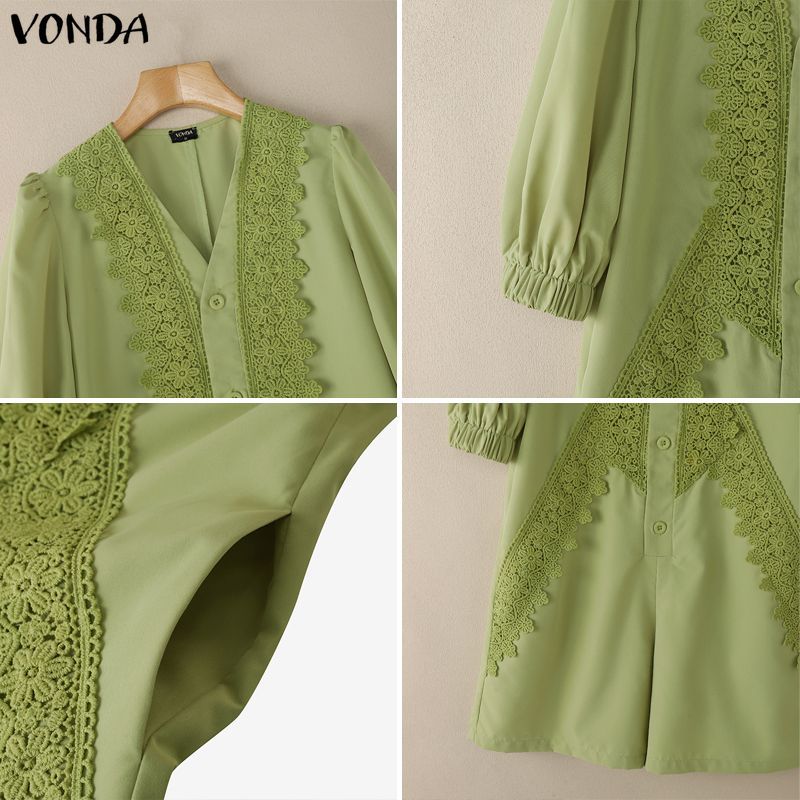 VONDA ผู้หญิงเกาหลีสไตล์หรูหรา V คอลูกไม้ Patchwork Single-Breasted ขากว้างฤดูใบไม้ผลิ/ฤดูร้อน Jumpsuits — صورة 8