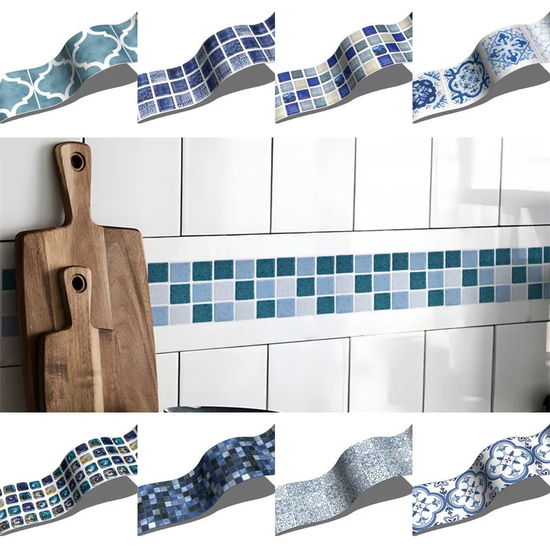 Blue Mosaic Self-Adhesive Baseboard Wall Stickers Skirting Board Window Sill Floor Ceramic Tile Stic