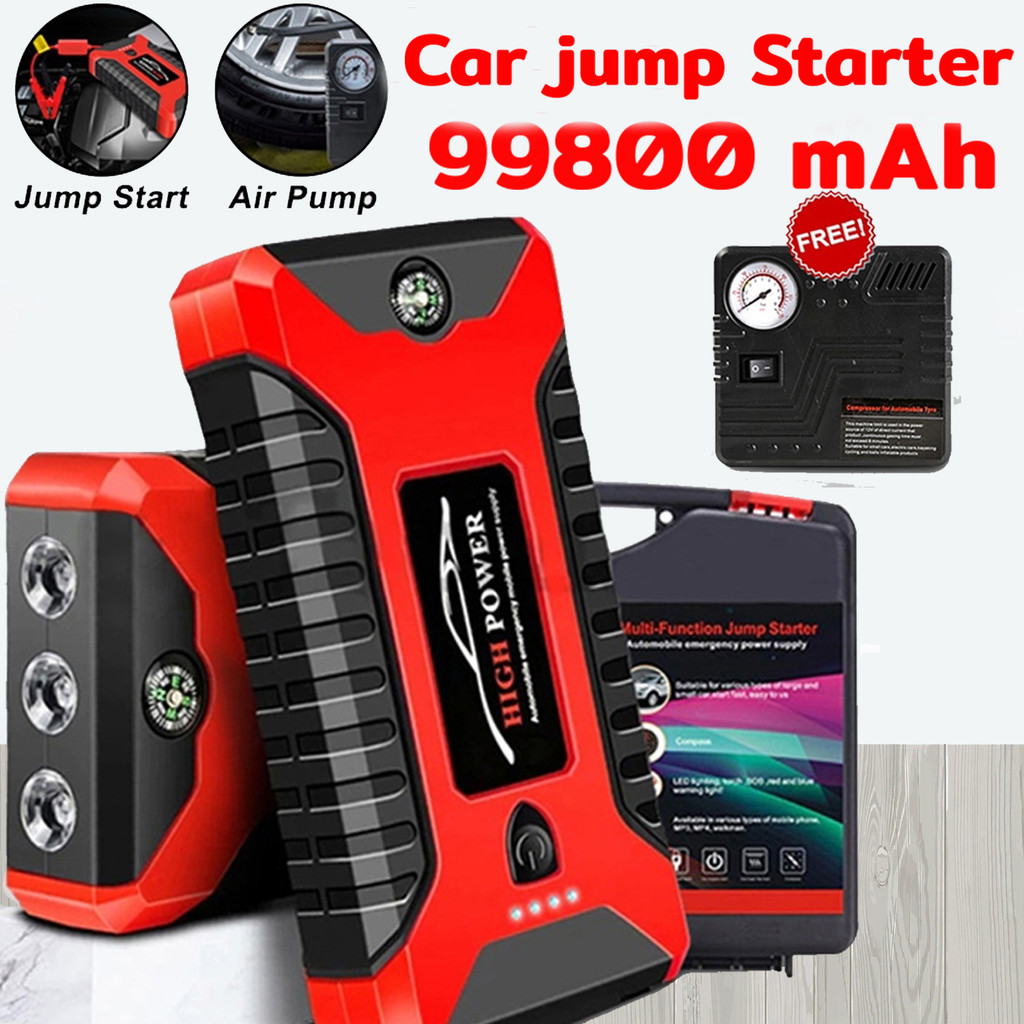 พร้อมปั๊มลม 99800mAh เครื่องสตาร์ทรถ 12V ใช้ได้กับรถยนต์/กระบะ/ดีเซล