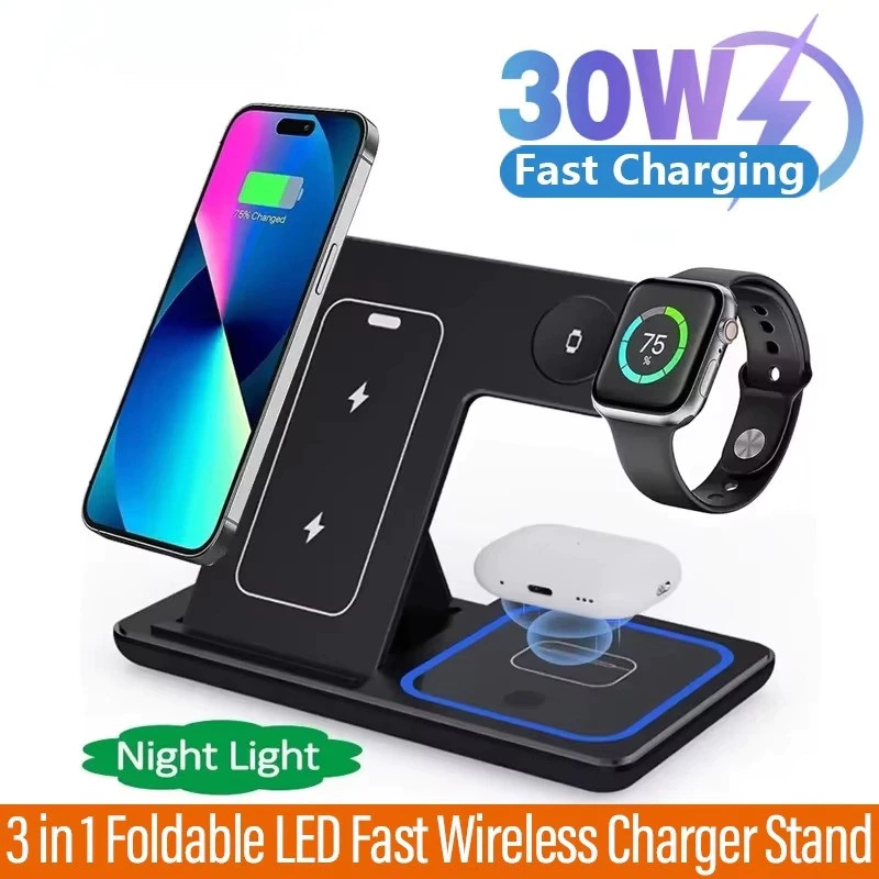 แท่นชาร์จแบบไร้สาย 30 วัตต์ LED 3 In 1 แท่นชาร์จแบบไร้สายสำหรับ iPhone12-16 Apple Watch 6-9 การออกแบบการชาร์จขดลวดคู่