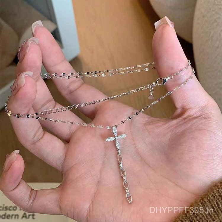 สร้อยคอมงกุฏเงินสเตอร์ลิง Zircon ลายใบไพลินเชื่อมต่อ ทรงคลาสสิกใบโคลเวอร์สี่แฉก พร้อมสายคล้องคอ ระดั