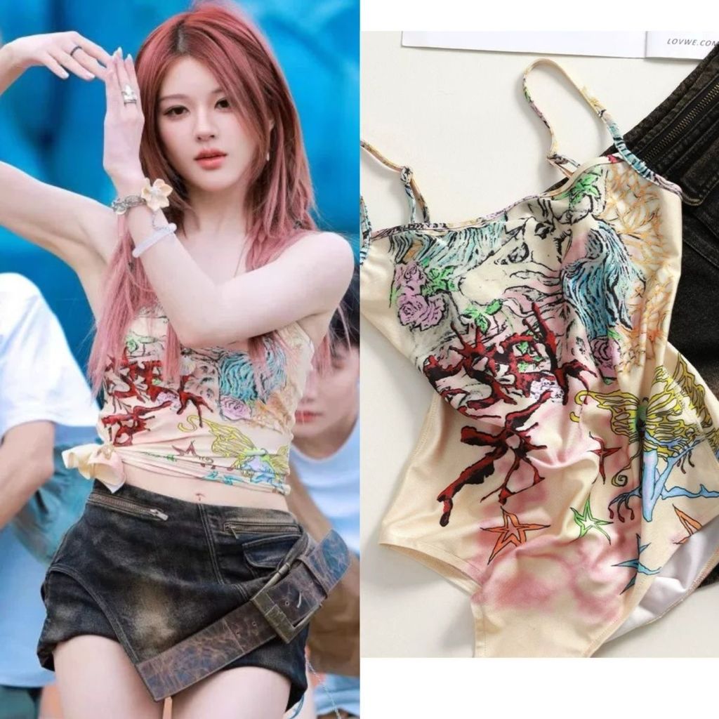 Zhao Lusi เสื้อยืดลายพิมพ์ Americana Music Festival สำหรับผู้หญิง สไตล์ฮิป ใส่ได้นอกบ้าน ในวันฤดูร้อน