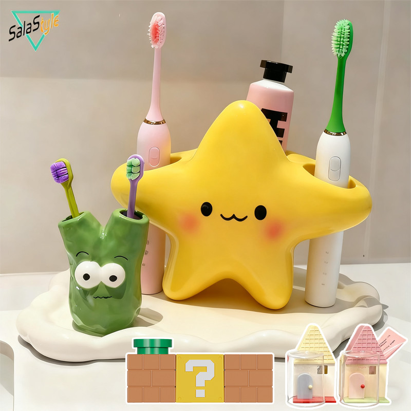 พร้อมส่ง ชั้นวางแปรงสีฟัน ที่วางยาสีฟันเซรามิก ไม่เจาะผนัง แบบแขวน สำหรับครอบครัว ตกแต่งห้องน้ำ