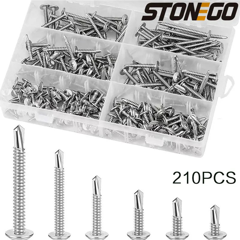 STONEGO 1Set/210Pcs 410 Stainless Steel Large Flat Head Drill Tail Screw Self-tapping Screw Screw Dr