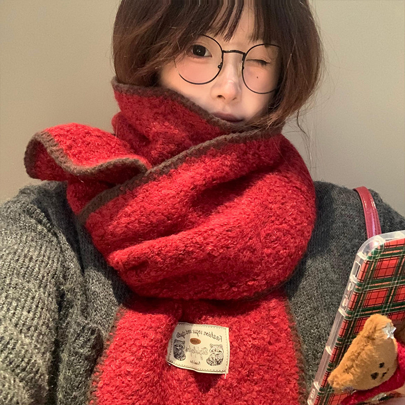 Giáng Sinh · Red Christmas Soft Waxy ถักผ้าพันคอผู้หญิง 2025 ฤดูใบไม้ร่วงฤดูหนาวสไตล์เกาหลีบรรยากาศห