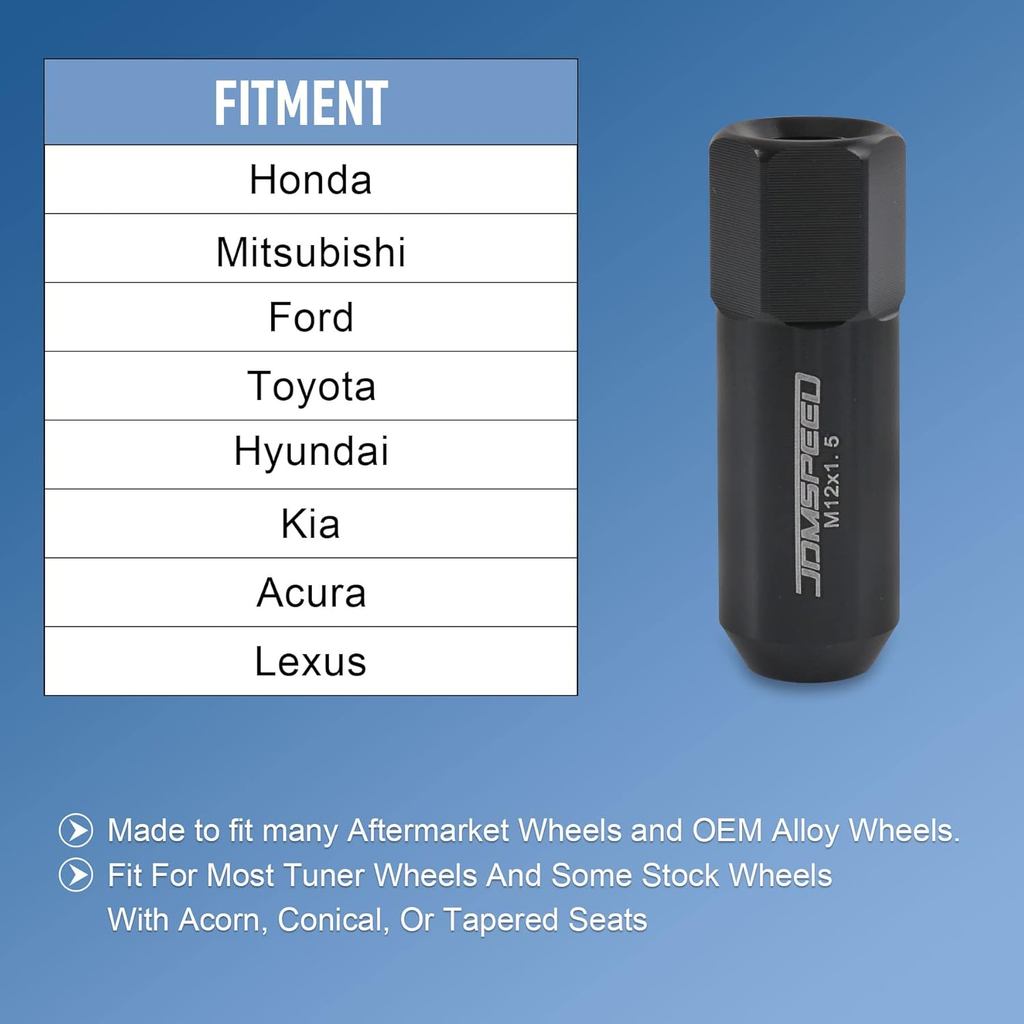 JDMSPEED Black 60MM Aluminum Extended Tuner Lug Nuts Replacement for Wheel Rims M12X1.5 20PCS