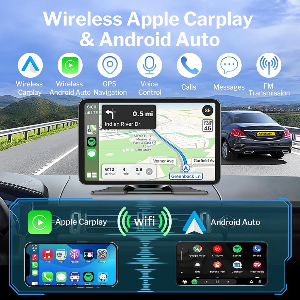 Wireless Apple Carplay Screen for Cars, 7" HD Portable Car Stereo Touch Screen for Apple CarPlay & A