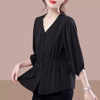 Red Berryเสื้อเบลาส์คอวีแขนสามส่วนสไตล์ฝรั่งเศสสำหรับผู้หญิง ประจำฤดูใบไม้ผลิ/ฤดูใบไม้ร่วงW683