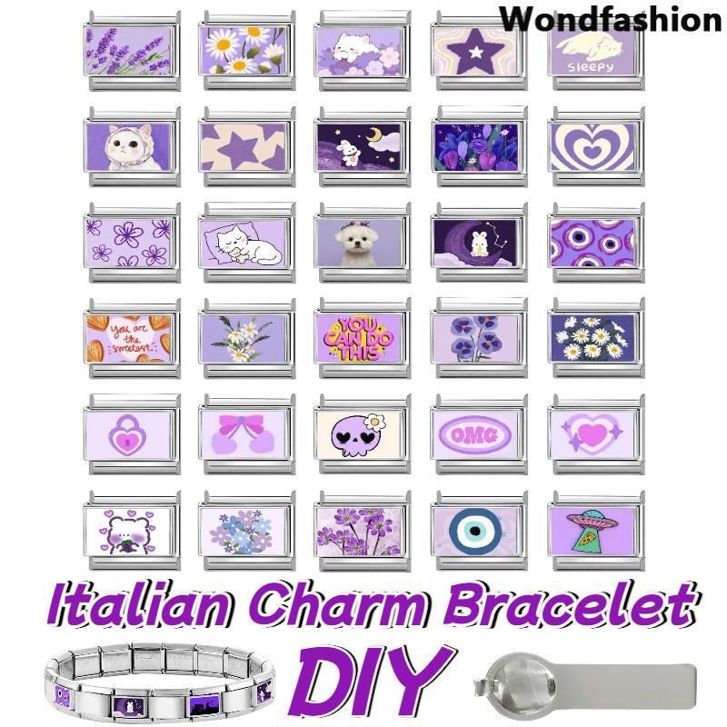 สร้อยข้อมือชาร์มสไตล์อิตาเลียน สีม่วง ขนาด 9 มม. จากสแตนเลส DIY และตกแต่งแบบเรโทร เพิ่มบุคลิกภาพให้คุณ
