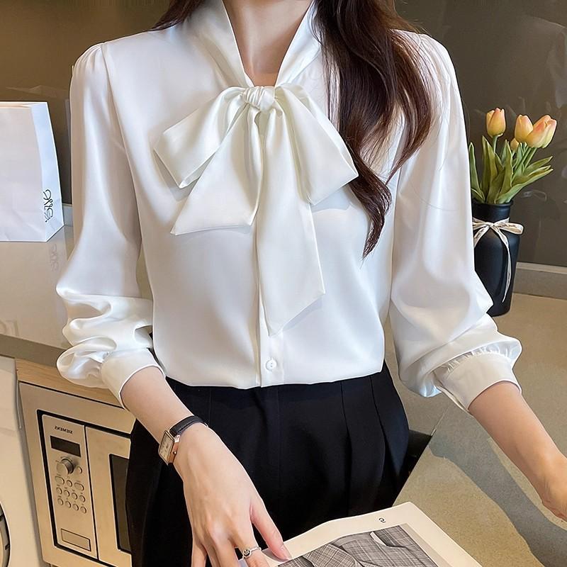 Red Berryเสื้อเชิ้ตผ้าซาตินอะซิเตทสไตล์เกาหลี เสื้อเชิ้ตทำงานผู้หญิงสไตล์ฝรั่งเศสสีขาว แขนยาว99248