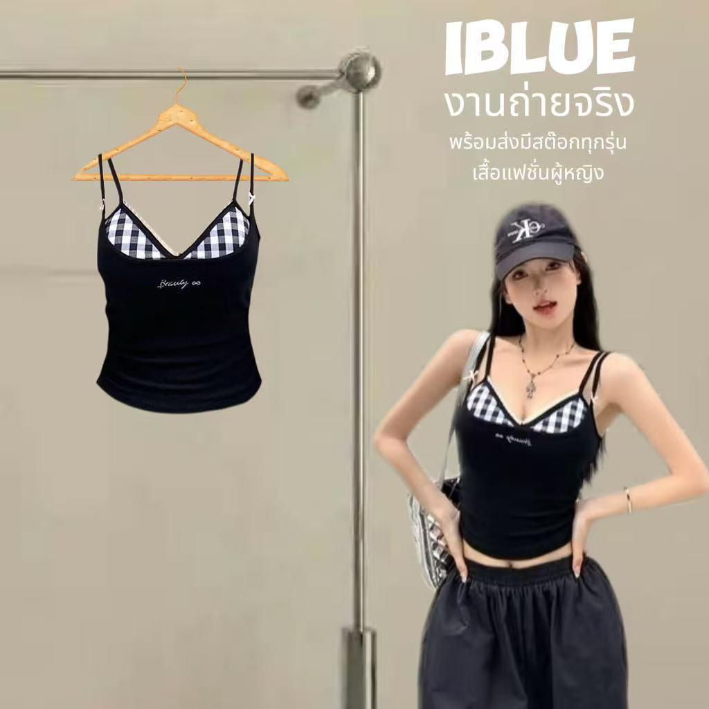 iBlueพร้อมส่ง🖤ชุดเซ็ท2ชิ้น ชุดสีดำy2k เสื้อสายเดียวรัดรูปมีฟองนำ้+กระโปรงสั้น ชุดเซ็กซี่ ชุดคุณหนู แฟชั่นเกาหลี ชุดไปทะ