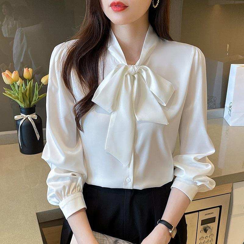 Dahong 💖เสื้อคอผูกโบว์แขนยาว ผ้าเกาหลี 99248
