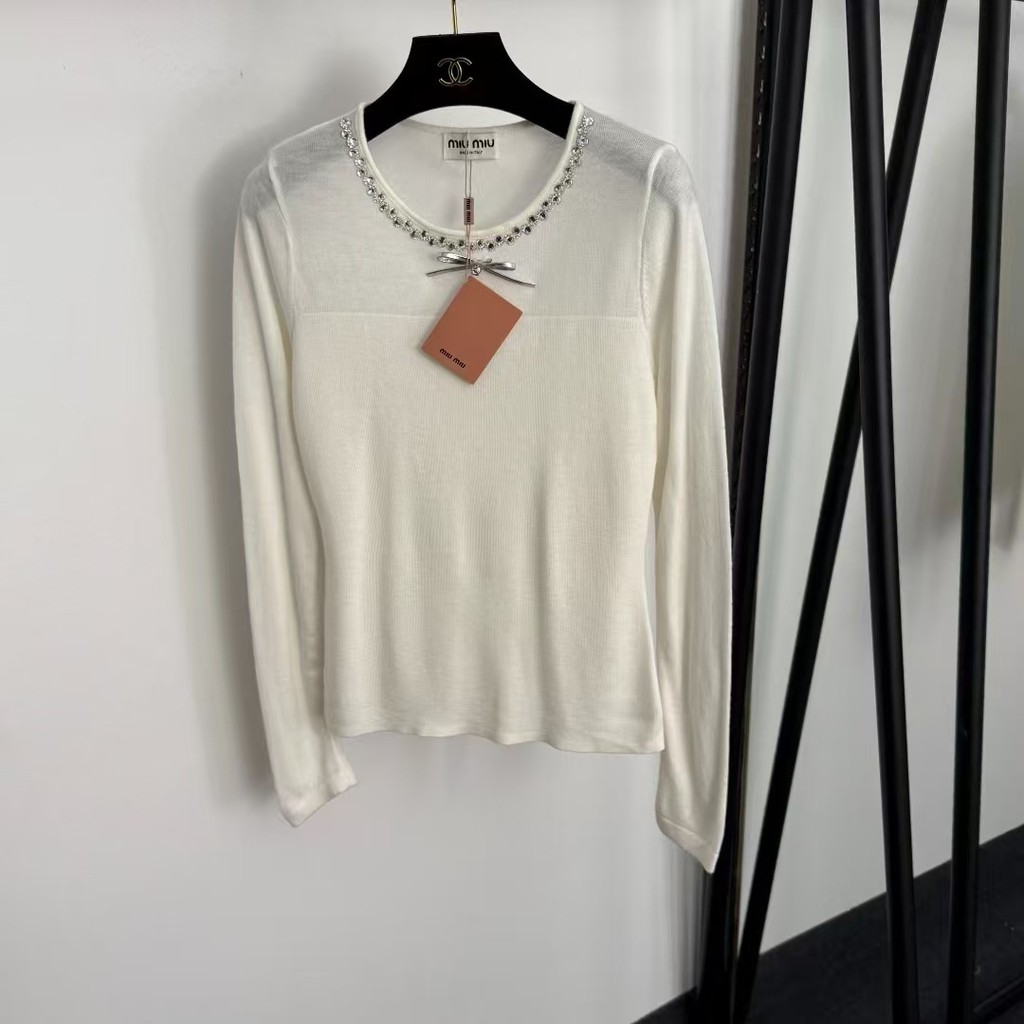 Miumi * Bow Knot Diamond คอกลมแขนยาวถักเสื้อ Bottoming Top