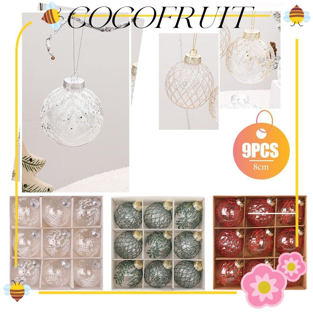COCOFRUIT 9PCS Christmas Tree Ball, PET สีพิมพ์แขวนลูก, 9 ซม.ตกแต่งบ้าน Navidad Xmas Tree แขวนเครื่อ