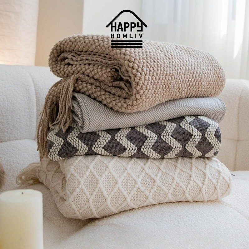 HAPPY HOMLIV ผ้าห่มถักสไตล์นอร์ดิกเหมาะสําหรับโซฟา/สํานักงาน/ข & ข/ข้างเตียงตกแต่ง