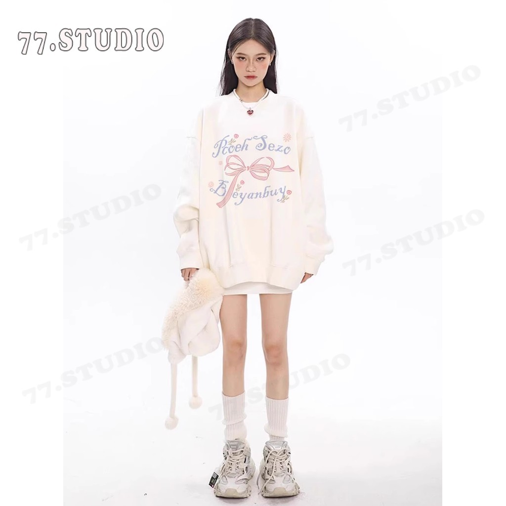 （พร้อมส่งจากกรุงเทพ） เสื้อกันหนาวแขนยาว เสื้อยืดคอกลมพิมพ์ลาย เสื้อเชิ้ตลำลองทรงหลวมใส่สบายจะไม่เกิดริ้วรอยหรือจางหายไป - รูปที่ 2