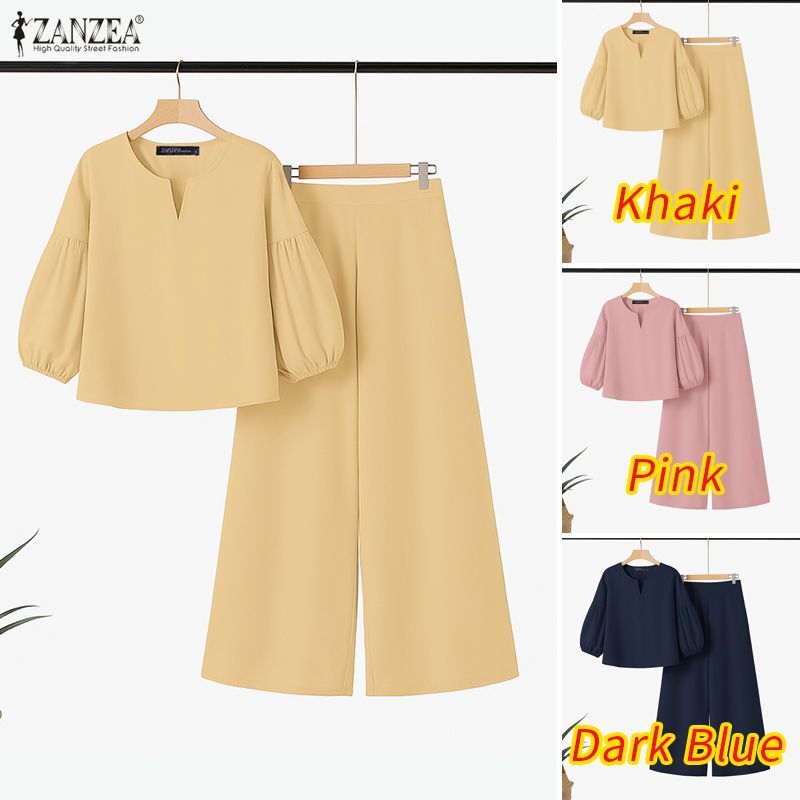 ZANZEA ชุดลำลองสำหรับผู้หญิง แขนยาว 3/4 และกางเกงขาบาน สไตล์เกาหลี ราคา ถูกที่สุด ดีลบีเคเค แกลเลอรีภาพที่ 3
