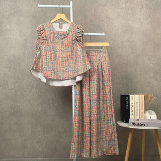 FADFAD Setelan Wanita Kasual | Atasan Tanpa Lengan Motif Multicolor Kerah V + Celana Panjang Kaki Lebar | Bahan Adem untuk OOTD Harian & Hangout