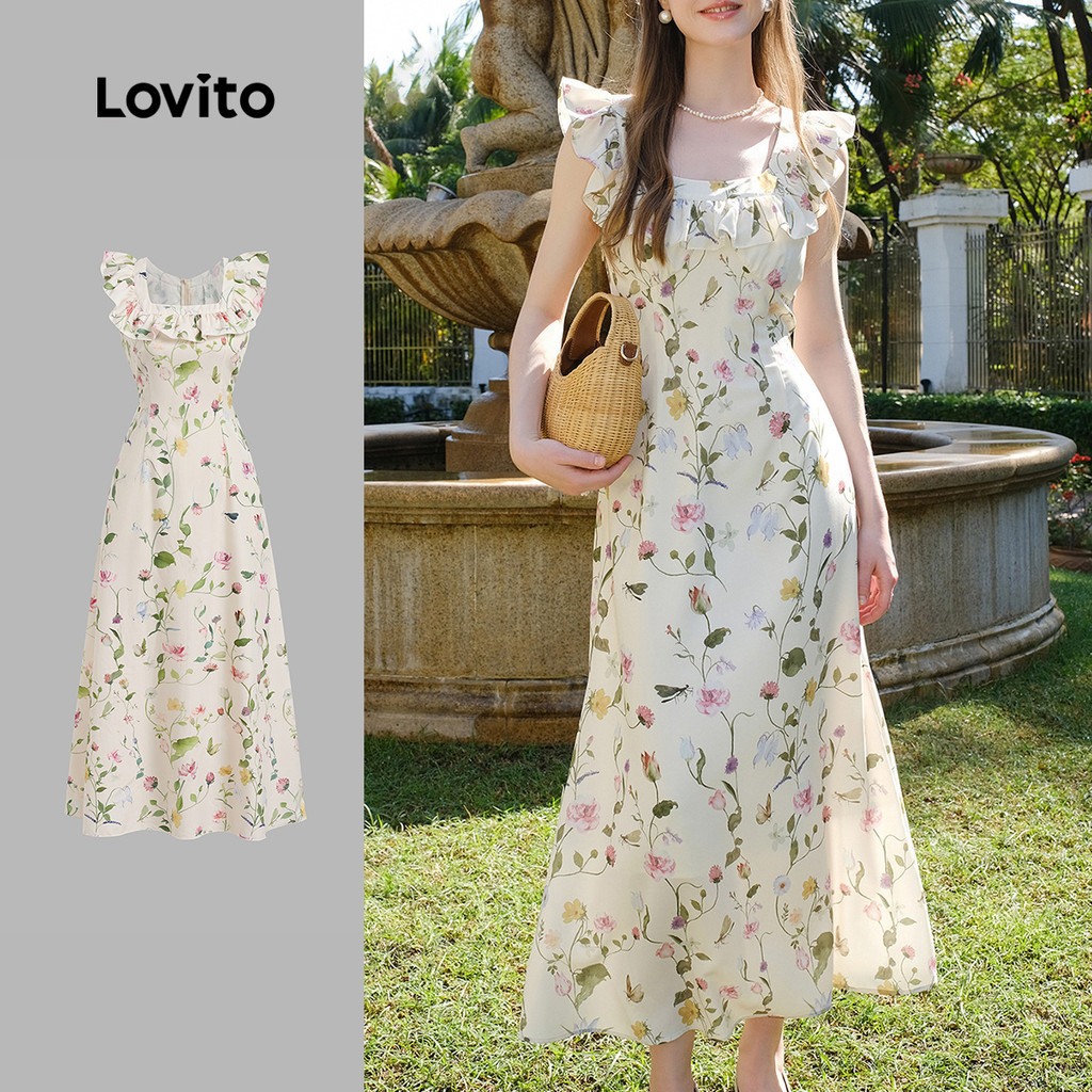Lovito ชุดเดรสลําลอง ลายดอกเดซี่ระบายคอเดรปฤดูร้อนฤดูใบไม้ผลิหลากสีสําหรับผู้หญิง L135AD492