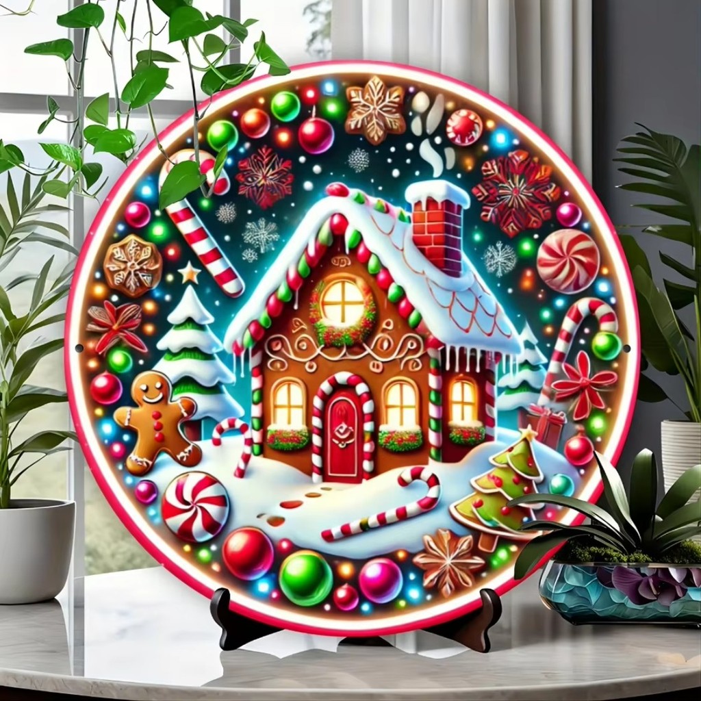 HELLOYOUNG 2D Retro Gingerbread House โลหะ Wall Art 8x8 นิ้วรอบป้ายอลูมิเนียมสําหรับคริสต์มาส Candy 