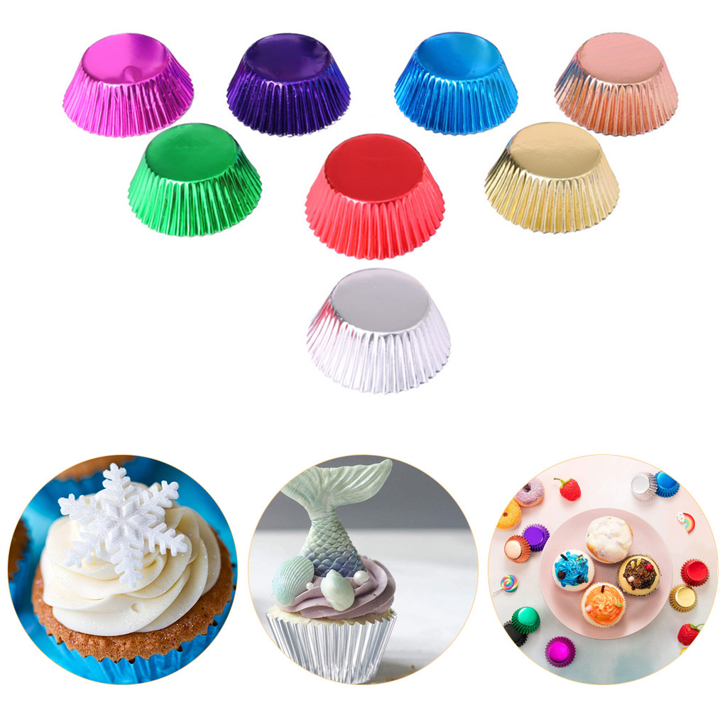 Unilayan100 ชิ้นกระดาษฟอยล์สีทอง Cupcake Liners Pure สีเบเกอรี่มัฟฟินถ้วยเค้ก Wrappers ผู้ถือกรณี