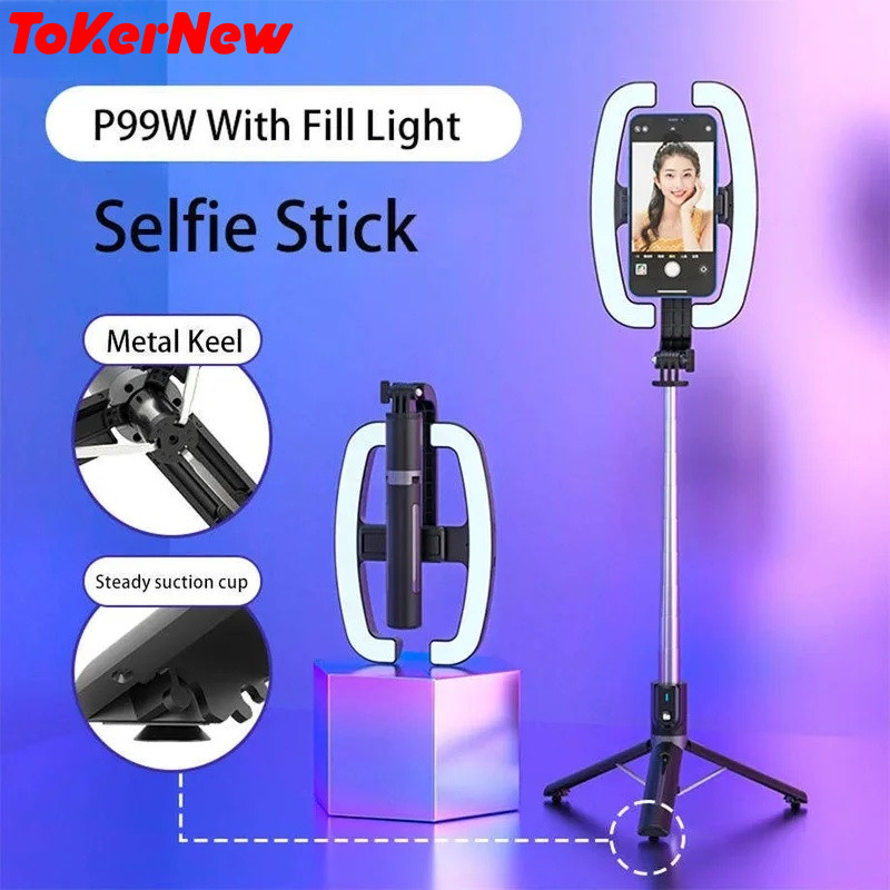 ToKerNew P99W/P99X 360 Rotation Selfie Stick ขาตั้งกล้อง LED Selfie Light พร้อมขาตั้งเปิด-สี่เหลี่ยม