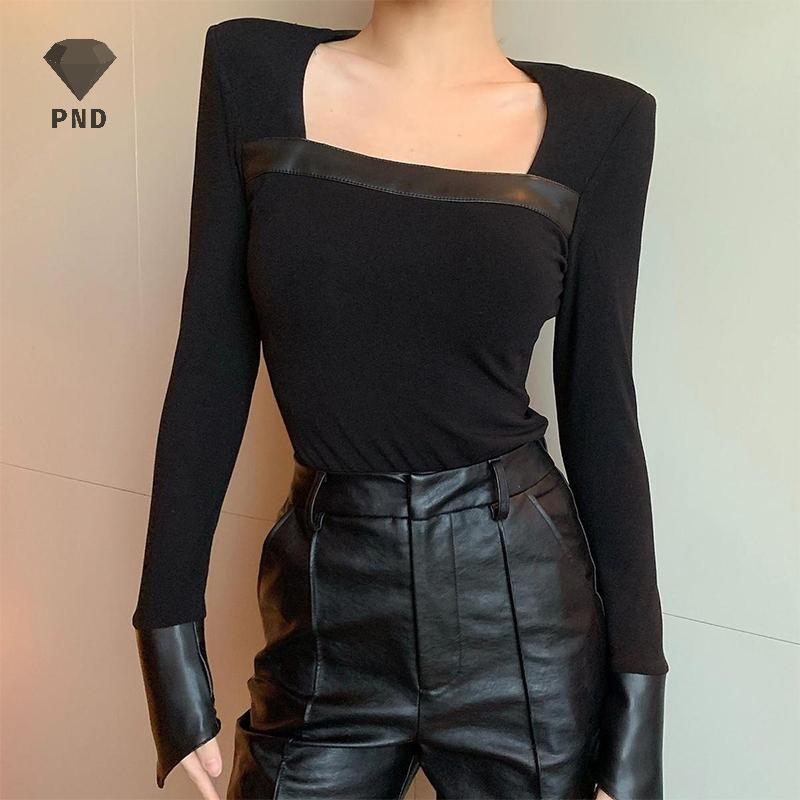 PND เสื้อยืดสีดำสไตล์เกาหลี ตัวเล็กเรียบหรู ออกแบบคอสี่เหลี่ยมแขนยาวสำหรับผู้หญิง