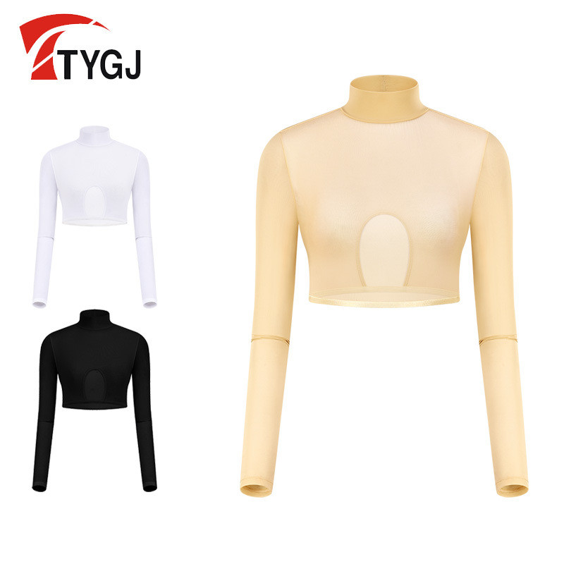 เสื้อกอล์ฟแขนยาวสำหรับผู้หญิง ทำจากผ้าไหมน้ำแข็ง คอปกสูง สไตล์ทั้งเล่นกอล์ฟและลำลอง