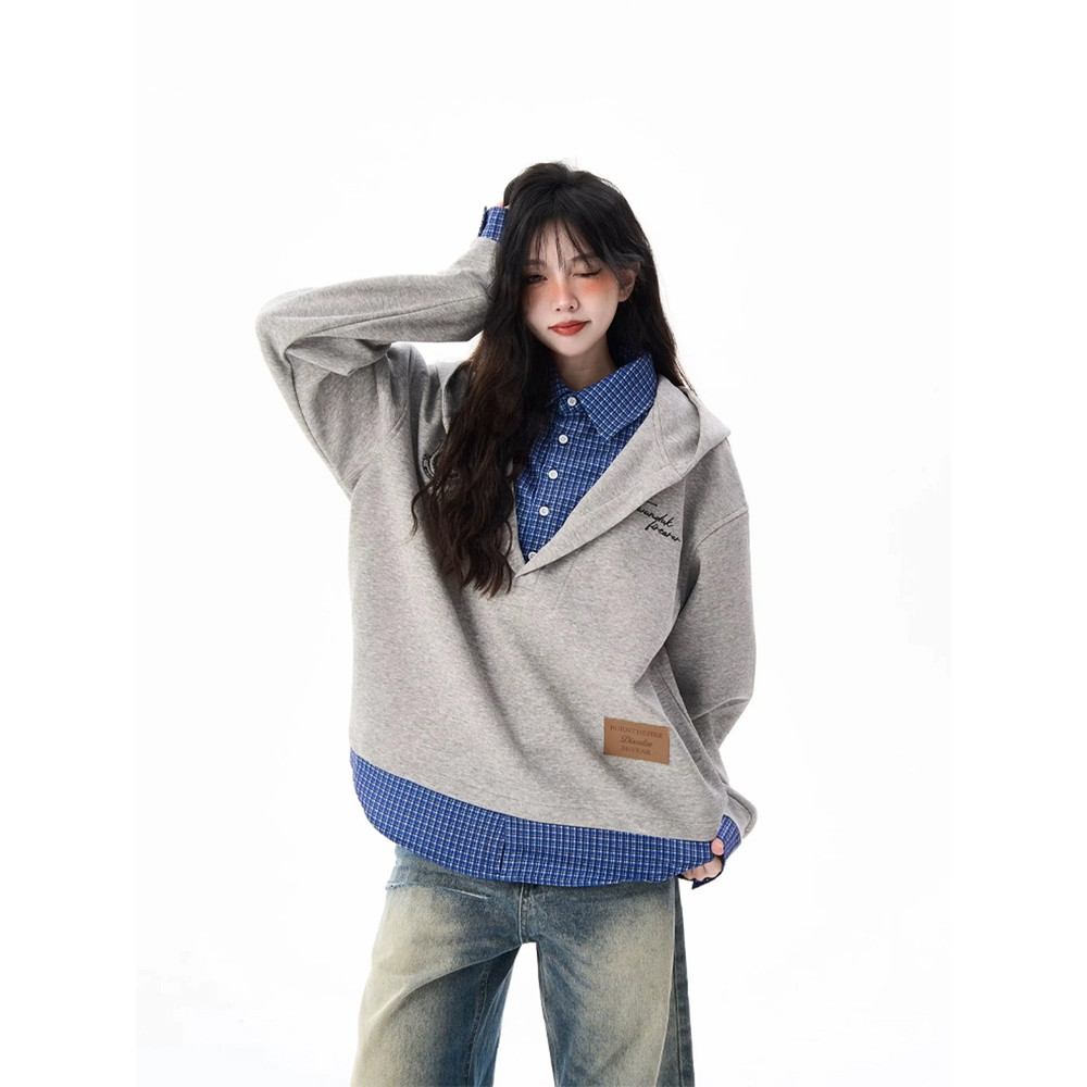 gq เสื้อเชิ้ต mave.matters เสื้อสเวตเตอร์เย็บลายสก๊อตสองชิ้นปลอมสำหรับผู้ชายและผู้หญิงเสื้อมีฮู้ดคอว