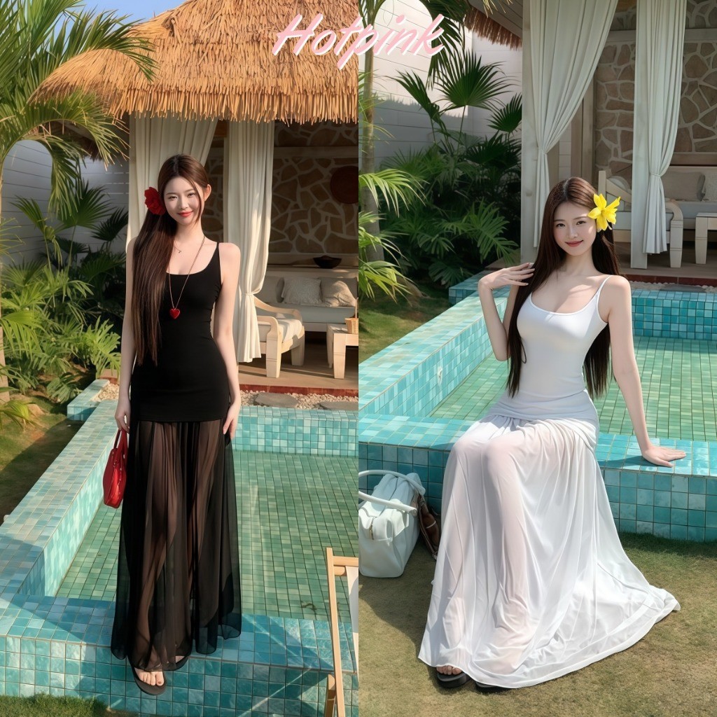 Hotpink ส่งจาก Bangkok ชุดเดรสสลิปผู้หญิง ดีไซน์ผ้าพลีท ผ้าชีฟอง ดีไซน์ช่วงเอว เดรสทรงเอไลน์