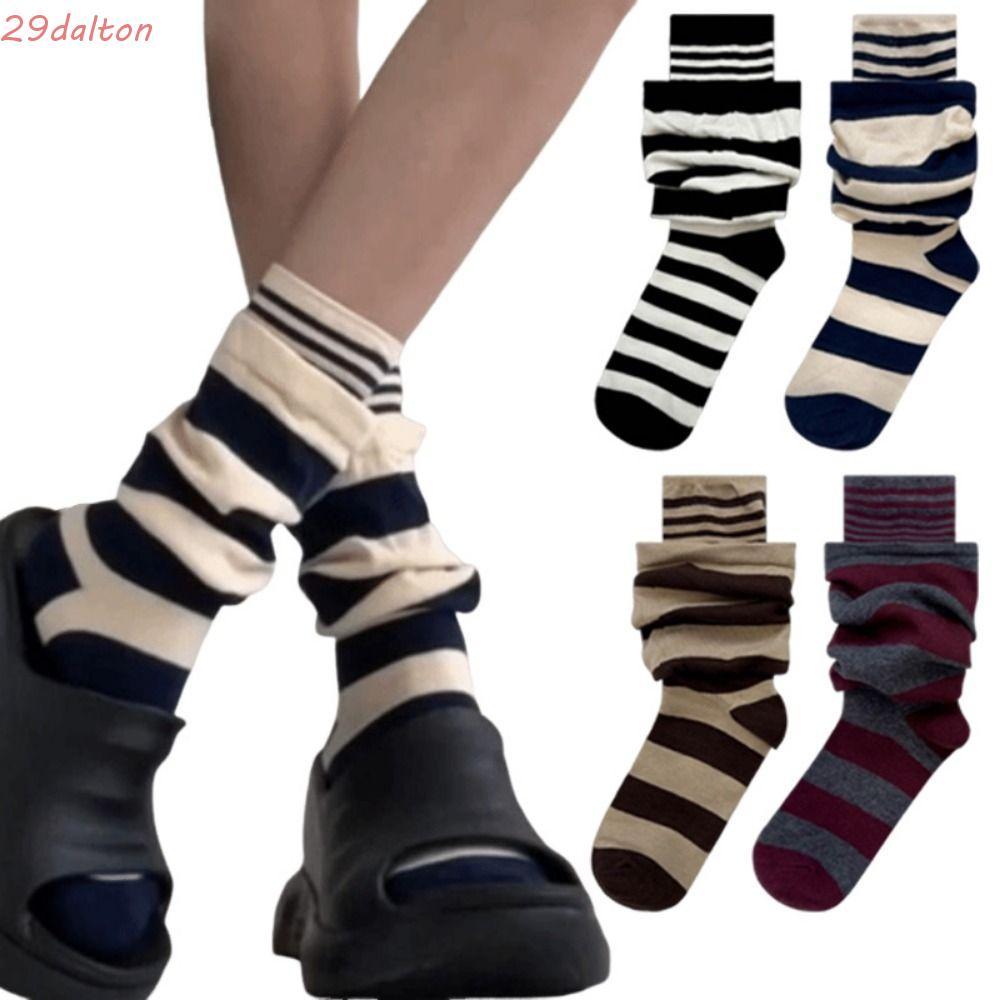 DALTON 4 คู่ Ruffle Stripe Stocking, ปลอมสองชิ้นถุงเท้ากองลายอบอุ่น, หนาสบาย Patchwork ยืดหยุ่นถุงเท