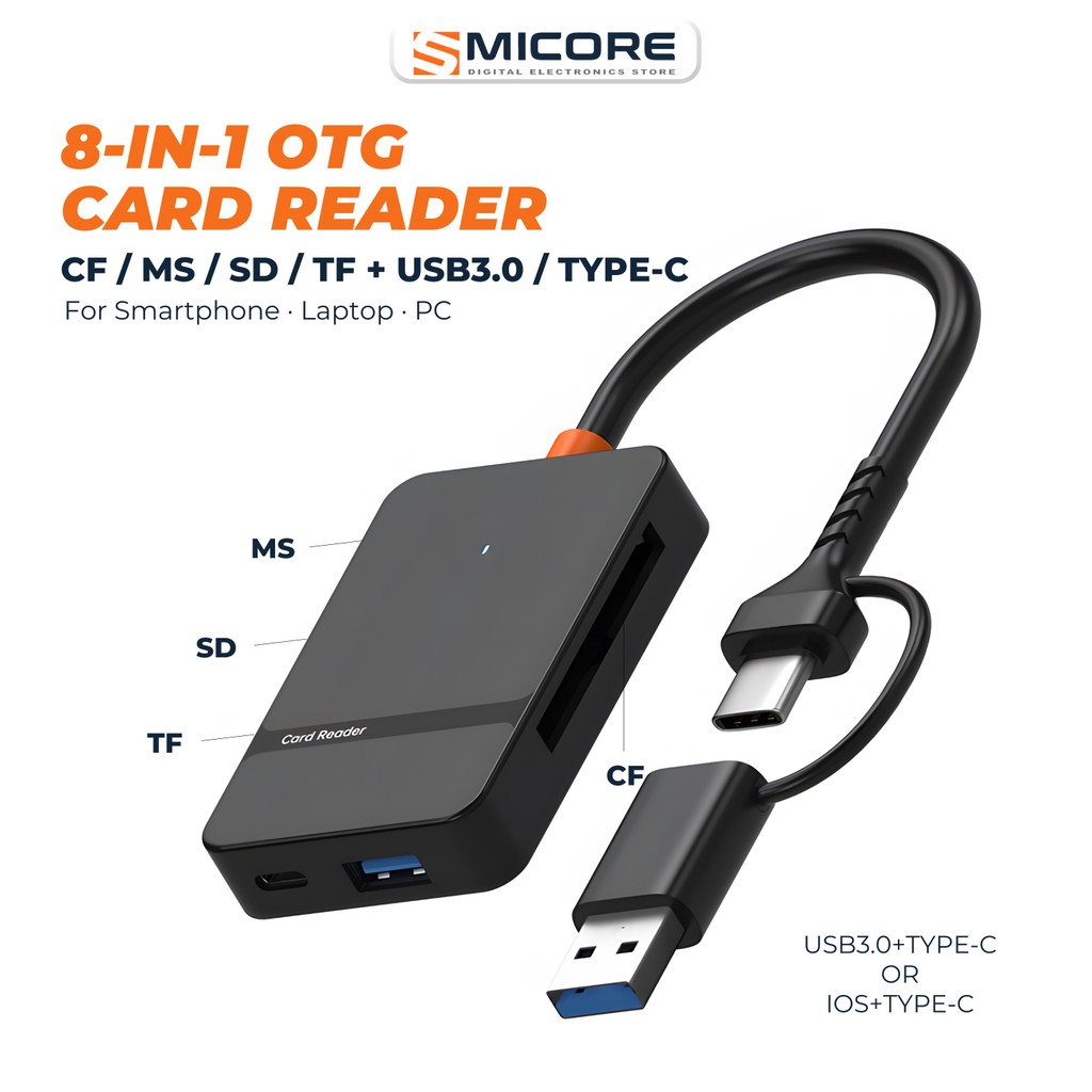 8-in-1 OTG Card Reader USB 3.0 Type-C Hub 5Gbps Data Transfer รองรับ CF MS SD TF สำหรับโทรศัพท์ คอมพิวเตอร์