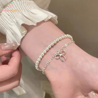 COD💖สร้อยข้อมือสองชั้นโบว์จี้ประดับมุกหรูหรา ผู้หญิงที่ แฟชั…