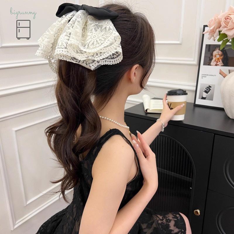 [bigrunng] ลูกไม้ฝรั่งเศสโบว์หางม้าคลิปหวานโบฮีเมียวันหยุดสไตล์กิ๊บอุปกรณ์ผม สจ - รูปที่ 5