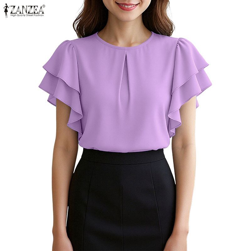 ZANZEA เสื้อเชิ้ตเบลาส์แขนสั้นสไตล์เกาหลี