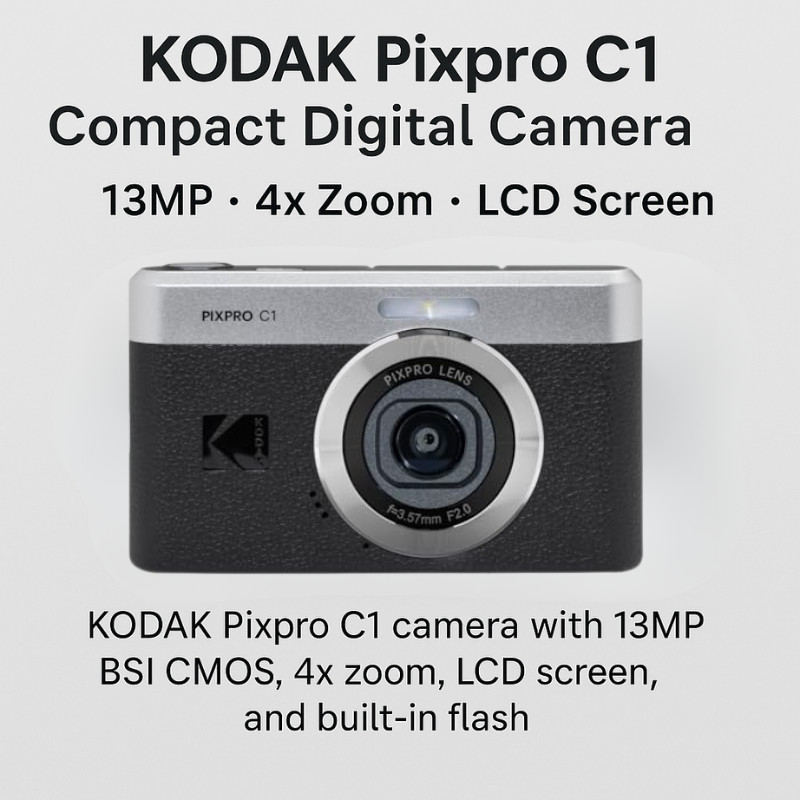 KODAK Pixpro C1 Compact Digital Camera – 13MP 4x Zoom LCD Screen Black