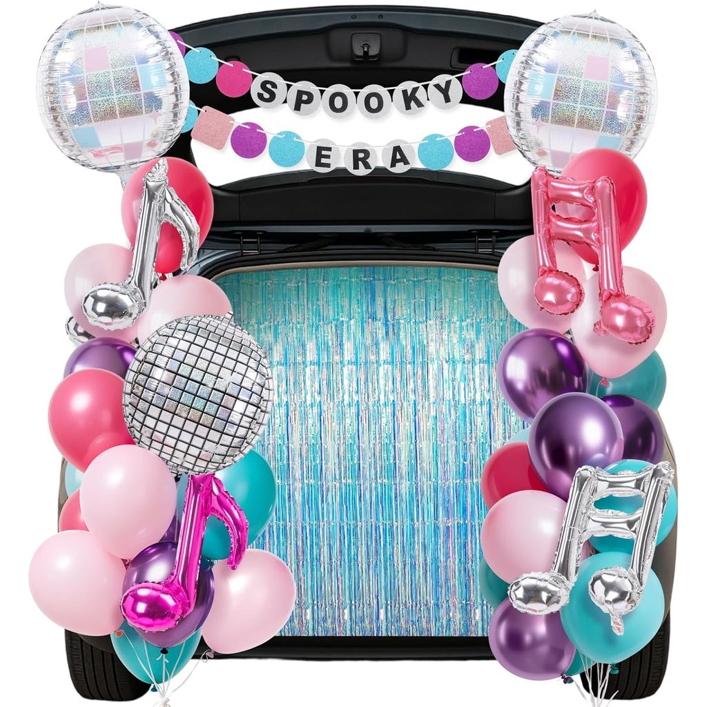 Panelee ฮาโลวีนเพลง Trunk หรือรักษาชุดตกแต่งรถเพลงหมายเหตุบอลลูน DIY แบนเนอร์พู่เงินผ้าม่าน Disco Pa